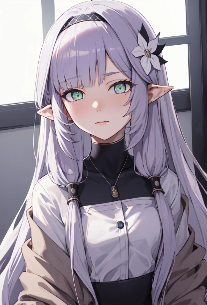 (safe:1.10), best quality, masterpiece, highres, solo, (himari_bluearchive:1.10), portrait, looking at viewer, 11 long light purple hair, light green eyes 