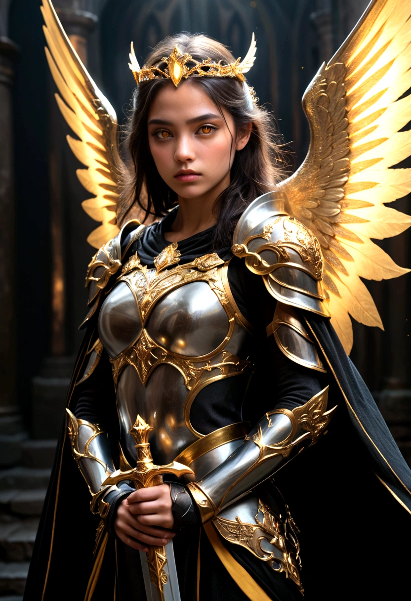 1girl, ethereal fantasy concept art, girl in black and gold armor, glod tiara, gold armor, holding gold sword, low wings, head wings, glowing sword, glowing runes, glowing eys, yellow eyes, cape, glory, lighting, black background, with a dynamic and magical background, masterpiece, best quality, magnificent, celestial, ethereal, painterly, epic, majestic, magical, fantasy art, cover art, dreamy, Multi-Layered Textures, HDR, High Dynamic Range, Maximum Clarity And Sharpness, Multi-Layered Textures, 