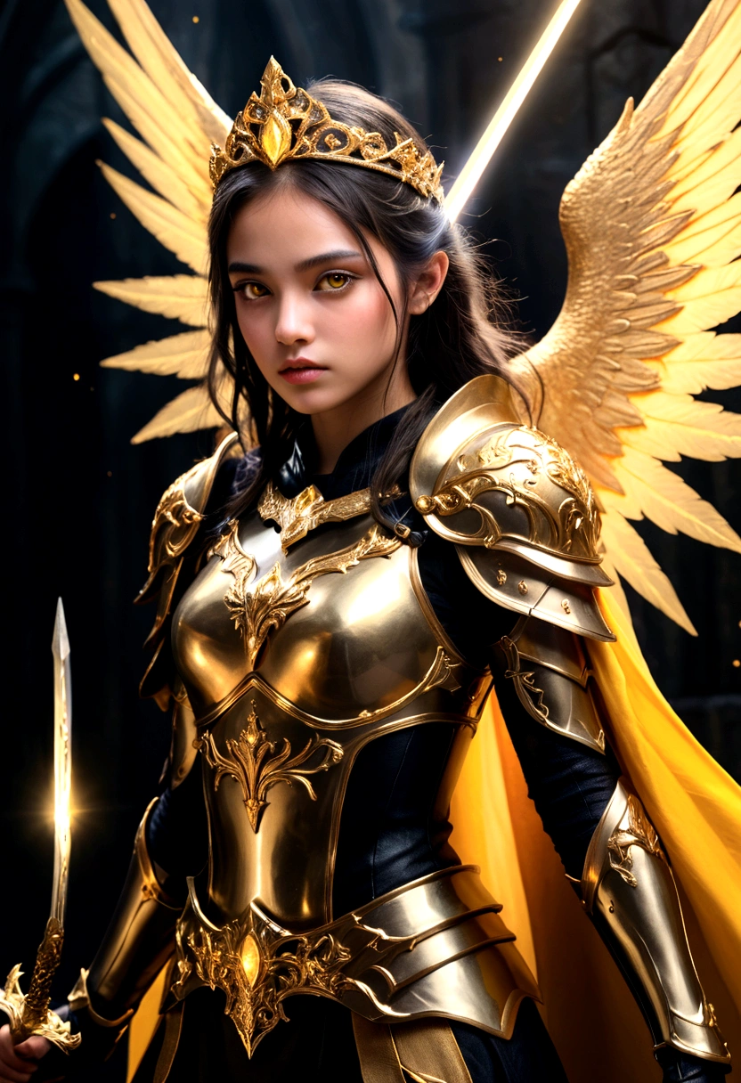 1 Mädchen, Ätherisch fantasy concept art, girl in black and goldene Rüstung, Glod-Tiara, goldene Rüstung, hält ein goldenes Schwert, niedrige Flügel, Kopf Flügel, glühendes Schwert, Leuchtende Runen, leuchtende Augen, gelbe Augen, Kap, Ruhm, Beleuchtung, schwarzer Hintergrund, with a dynamic and magisch background, Meisterwerk, beste Qualität, Herrlich, himmlisch, Ätherisch, malerisch, Epos, majestätisch, magisch, Fantasy-Kunst, Deckblattkunst, verträumt, Mehrschichtige Texturen, HDR, Hoher Dynamikumfang, Maximale Klarheit und Schärfe, Mehrschichtige Texturen, 