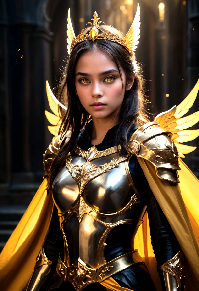 1girl, ethereal fantasy concept art, girl in black and gold armor, glod tiara, gold armor, holding gold sword, low wings, head wings, glowing sword, glowing runes, glowing eys, yellow eyes, cape, glory, lighting, black background, with a dynamic and magical background, masterpiece, best quality, magnificent, celestial, ethereal, painterly, epic, majestic, magical, fantasy art, cover art, dreamy, Multi-Layered Textures, HDR, High Dynamic Range, Maximum Clarity And Sharpness, Multi-Layered Textures, 