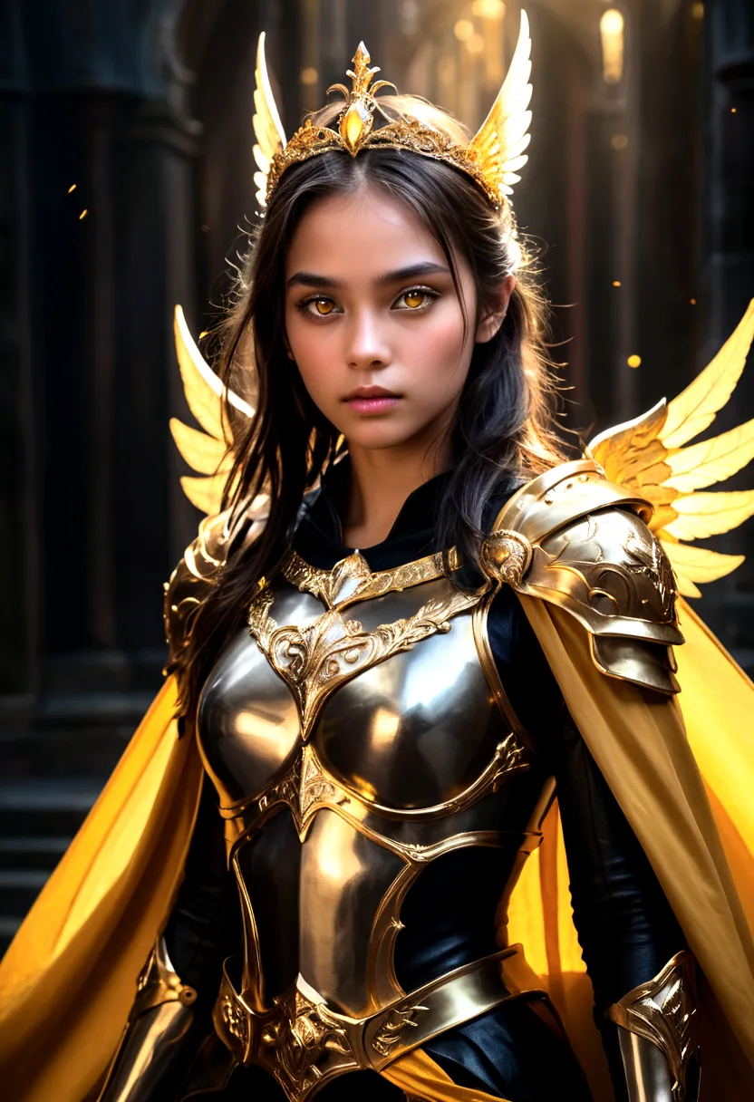 1girl, ethereal fantasy concept art, girl in black and gold armor, glod tiara, gold armor, holding gold sword, low wings, head w...