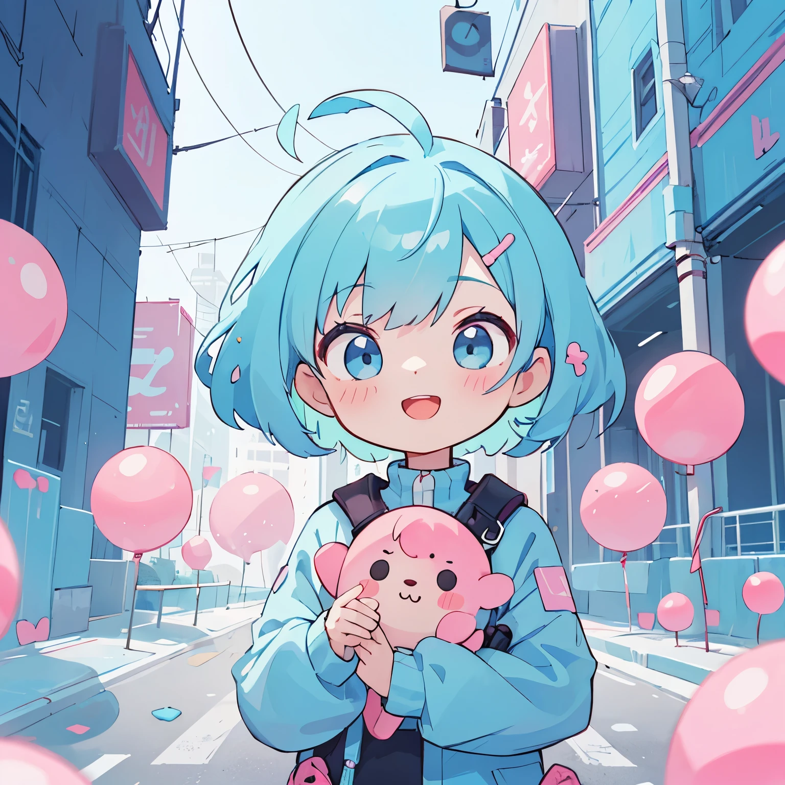 Vibrant art,pop、bright、colorful, 1 female, Light blue hair,　short hair、Happy,cute, Animation Style, cute, clearly, colorful cyberpunk, bubblegum pop, cute、Pink and light blue as main colors、I&#39;Cheer loudly、　Wearing headphones、Headphones、celebration、