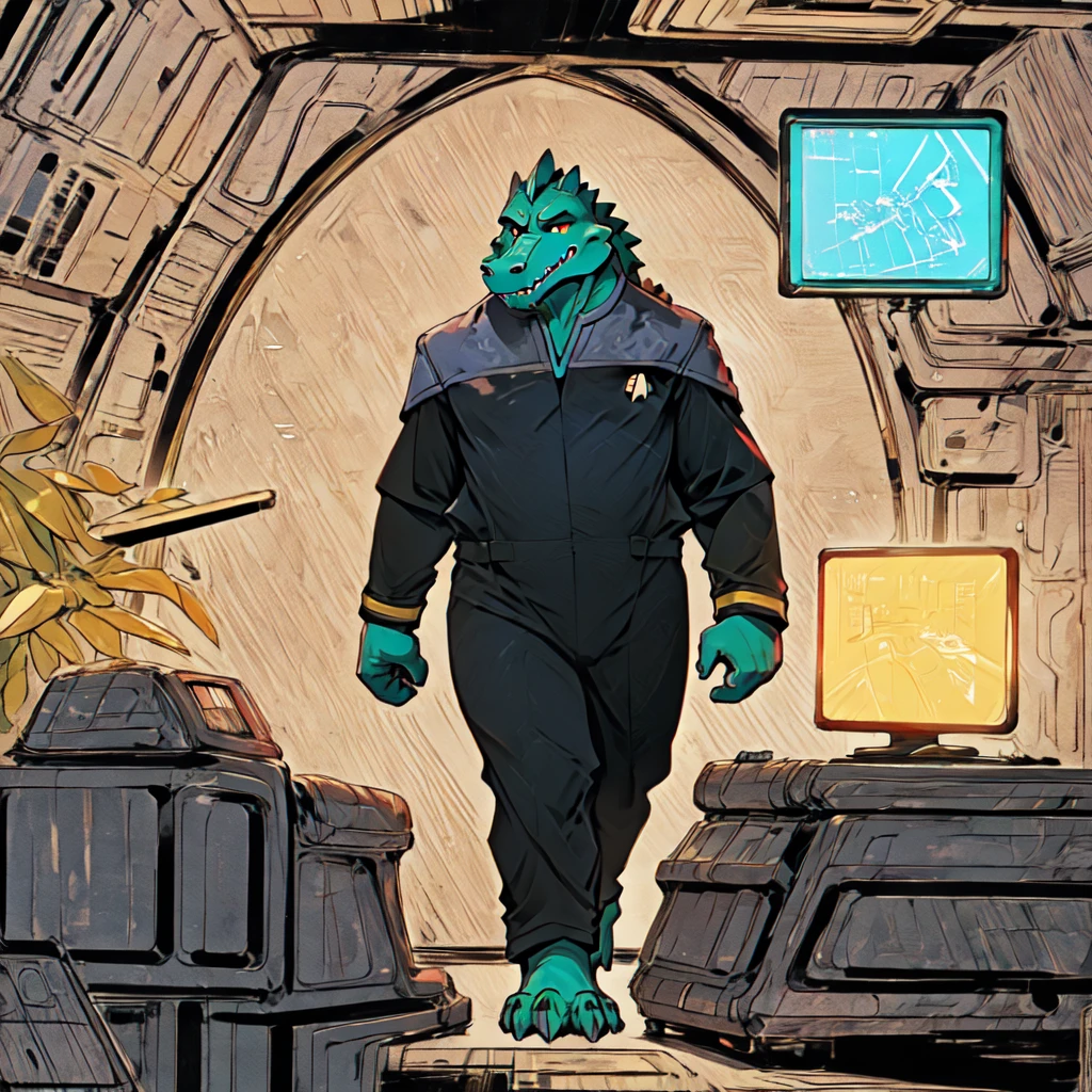 (((Barefoot scaley character, full body, cinematic setting, furry male, plantigrade))) 
Doctor (((kingkrool))), crocodile, green skin, reptile, gold bracelets, scales, bloodshot eye, fat, obese,
exudes confidence and authority, wears star trek DS9 doctor teal uniform, ((ds9st, black and grey star trek uniform, grey shoulders, teal neck, black jumpsuit, black pants)) dynamic pose, holding medical tricorder
((starship interior with many screens and consoles)), futuristic look, metalic, bright colors
BREAK, intricate details, highly detailed, extreme detail, octane render, fine art, best quality, highres, (detailed face:1.5), ((full_body)), UHD, (((perfect hands))), ((low light:1.5))