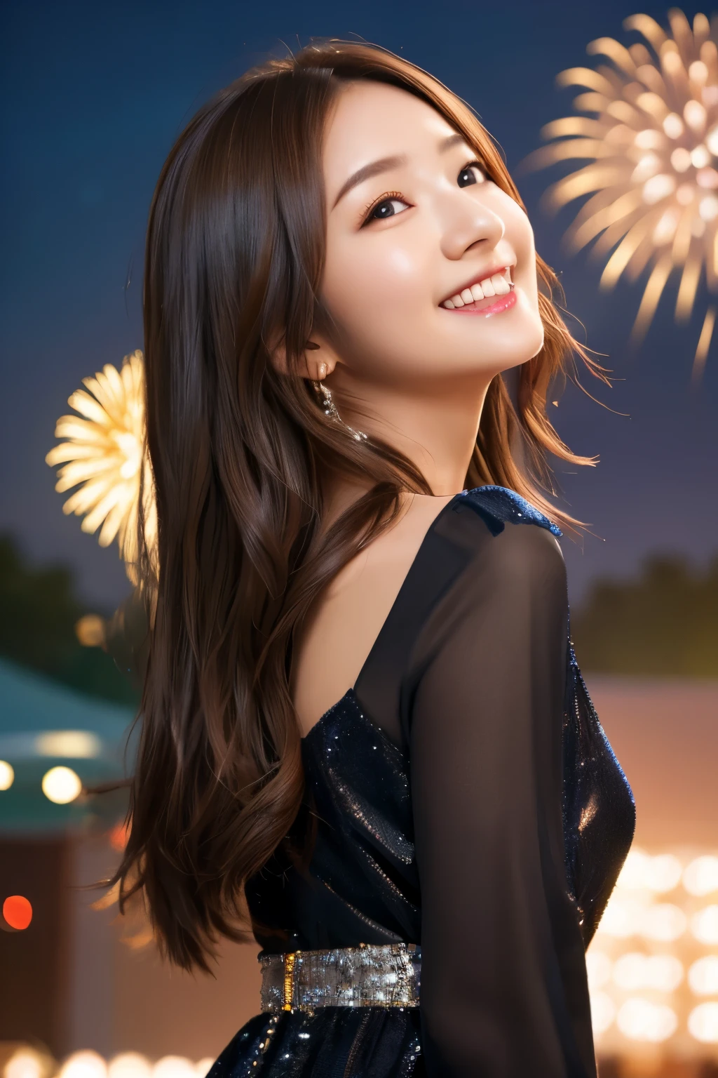 A girl looking up at the fireworks at a fireworks festival、Cute face、Well-balanced proportionedium build、Wearing a dress、, brown hair, floating hair, shiny hair, seductive smile, long hair, straight hair, expressive hair, Surrealism, cinematic lighting, tachi-e, from behind, Nikon, UHD, anatomically correct, super detail, high details, high quality, award winning, highres, best quality, 8k, textured skin