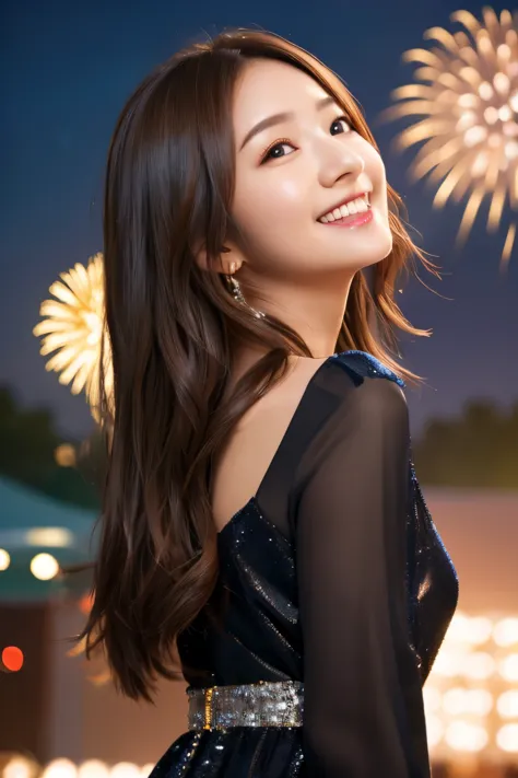 A girl looking up at the fireworks at a fireworks festival、Cute face、Well-balanced proportionedium build、Wearing a dress、, brown...