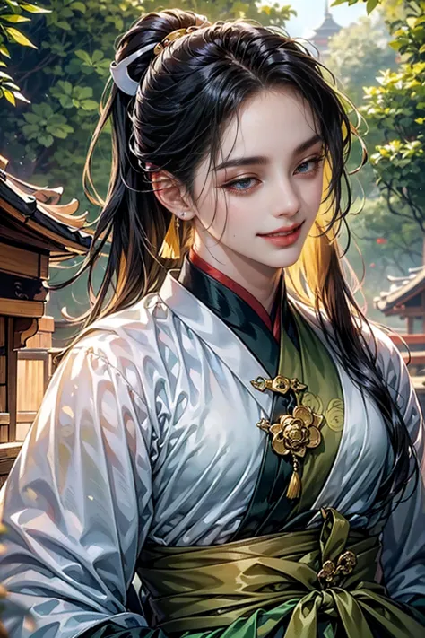 xianxia, (((best quality))),masterpiece,ultra high resolution,extraordinarily beautiful youth, a bright, villains smile,all gree...