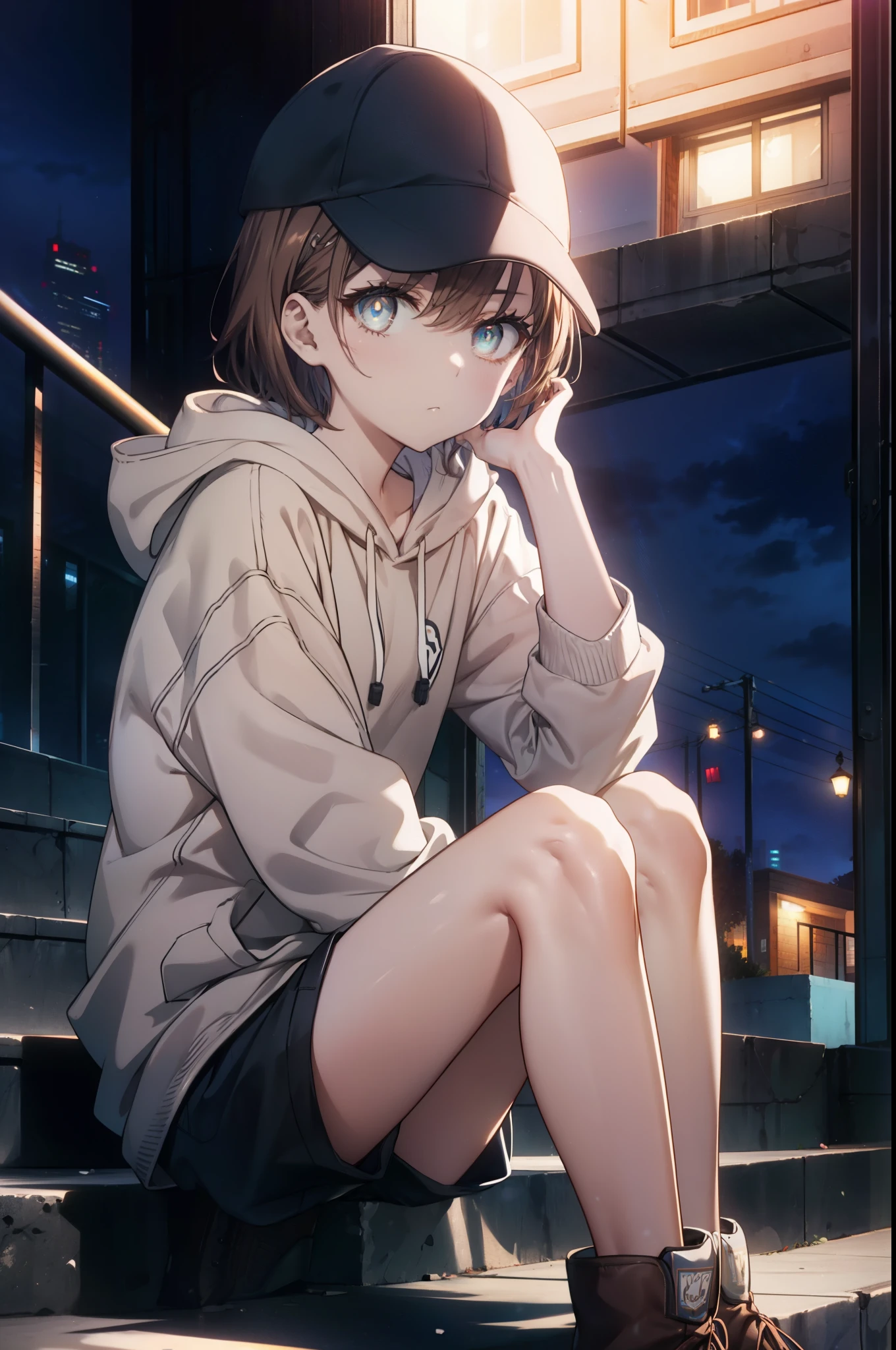 Mycotrose, Brown eyes,Brown Hair,short hair,Small breasts,Oversized black hoodie,Baseball hats,Shorts,boots,Both hands are in the pockets of the hoodie,Sitting on the stairs,night,moonlight,whole bodyがイラストに入るように,　　　　　　　　　　　　　　　　　 　　　break looking at viewer, whole body,　　　 　　　　　　break outdoors, Building district,　　　　　　　　　　　　　　　　　　break (masterpiece:1.2), Highest quality, High resolution, unity 8k wallpaper, (shape:0.8), (Beautiful and beautiful eyes:1.6), Highly detailed face, Perfect lighting, Highly detailed CG, (Perfect hands, Perfect Anatomy),