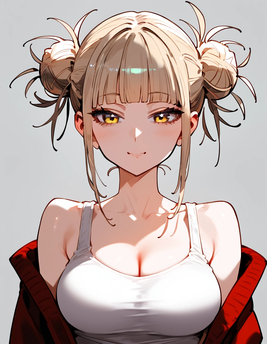 anime artwork, score_9, score_8_up, score_7_up, score_6_up, score_5_up, score_4_up, floox style //////Himiko toga, big breasts, she is 24 years old, style_3, ,,,,cardigan, grey background, straight-on,solo,tank top
