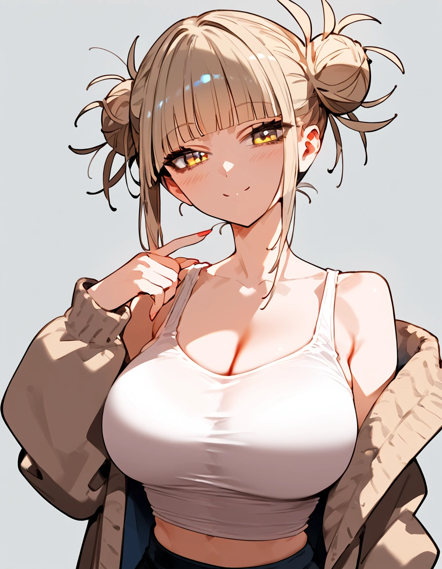 anime artwork, score_9, score_8_up, score_7_up, score_6_up, score_5_up, score_4_up, floox style //////Himiko toga, big breasts, she is 24 years old, style_3, ,,,,cardigan, grey background, straight-on,solo,tank top
