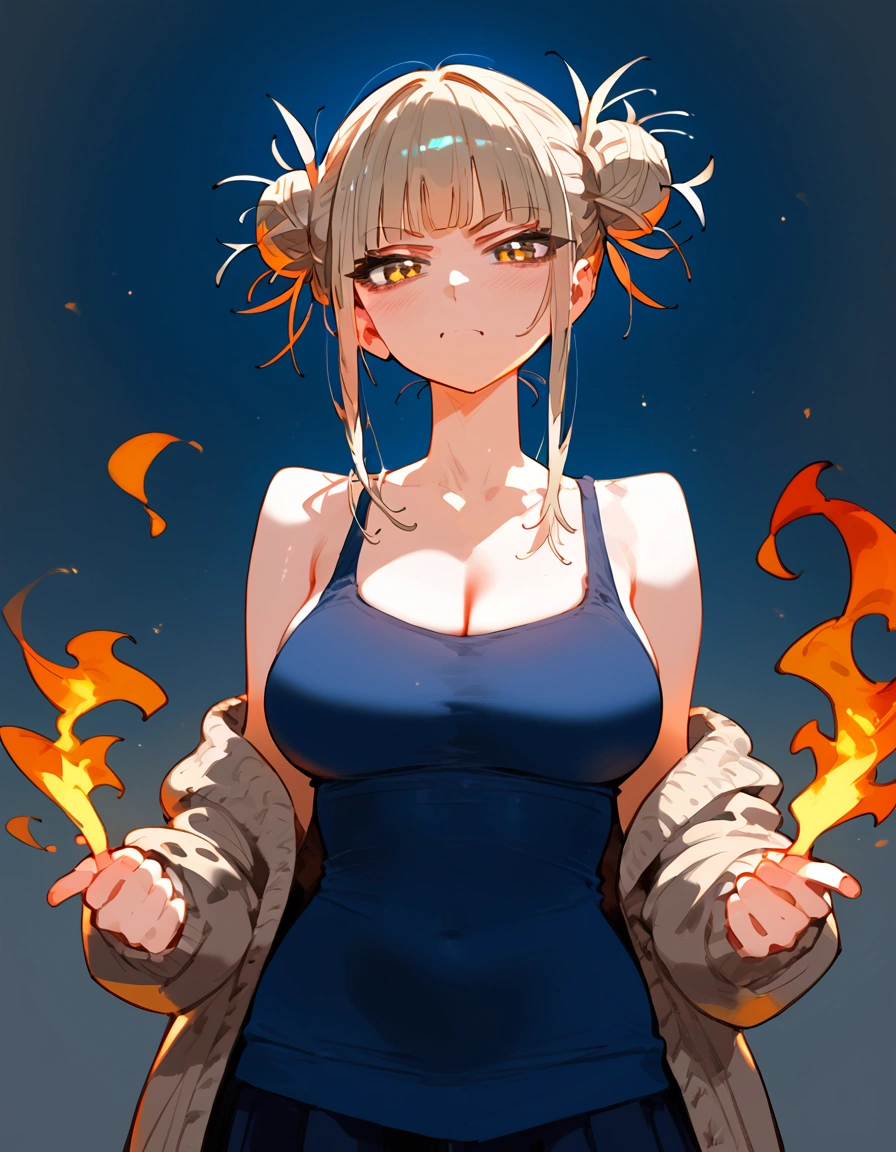 anime artwork, score_9, score_8_up, score_7_up, score_6_up, score_5_up, score_4_up, floox style //////Himiko toga, big breasts, she is 24 years old, style_3, ,,,,cardigan, grey background, straight-on,solo,tank top
