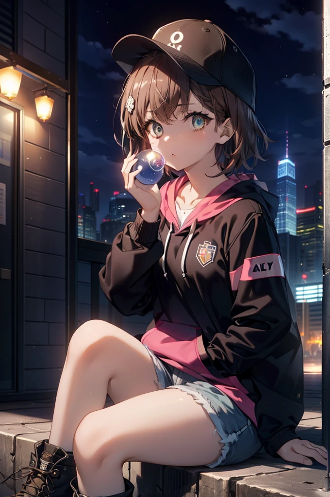 Mycotrose, Brown eyes,Brown Hair,short hair,Small breasts,Oversized black hoodie,Baseball hats,Shorts,boots,Both hands are in the pockets of the hoodie,Blowing bubble gum,Sitting on the stairs,night,moonlight,whole bodyがイラストに入るように,　　　　　　　　　　　　　　　　　 　　　break looking at viewer, whole body,　　　 　　　　　　break outdoors, Building district,　　　　　　　　　　　　　　　　　　break (masterpiece:1.2), Highest quality, High resolution, unity 8k wallpaper, (shape:0.8), (Beautiful and beautiful eyes:1.6), Highly detailed face, Perfect lighting, Highly detailed CG, (Perfect hands, Perfect Anatomy),