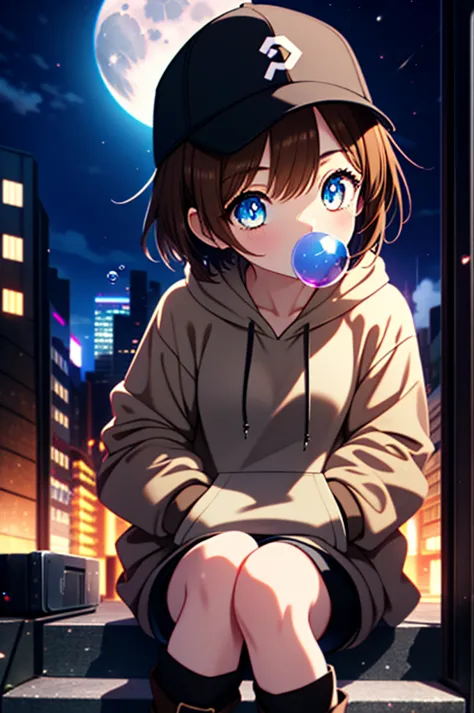 Mycotrose, Brown eyes,Brown Hair,short hair,Small breasts,Oversized black hoodie,Baseball hats,Shorts,boots,Both hands are in th...