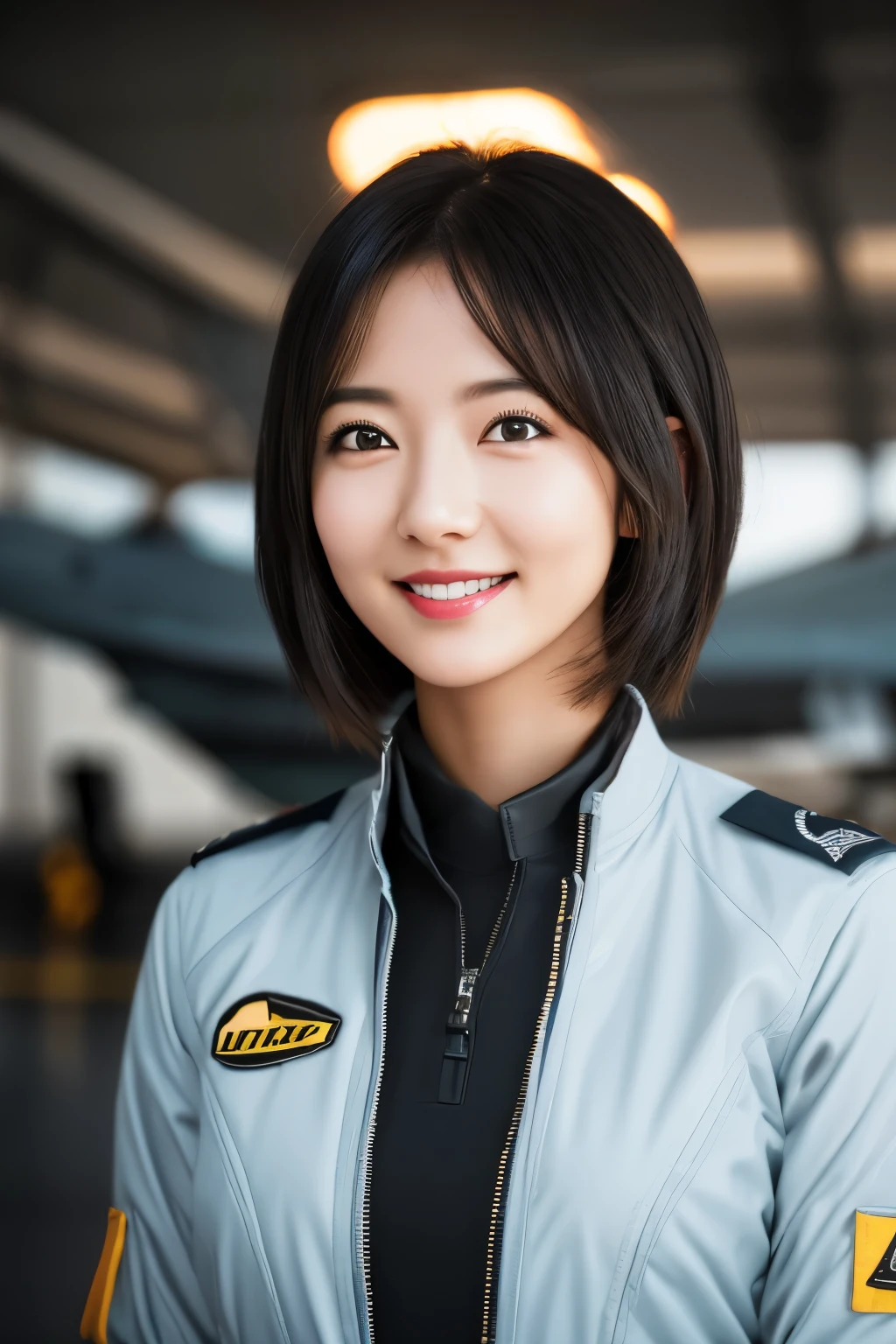 Female pilots in fighter jets、, black hair, straight hair, parted lips, nervous smile, Surrealism, cinematic lighting, tachi-e, first-person view, Nikon, UHD, masterpiece, anatomically correct, textured skin, high quality, award winning, best quality, highres, 8k