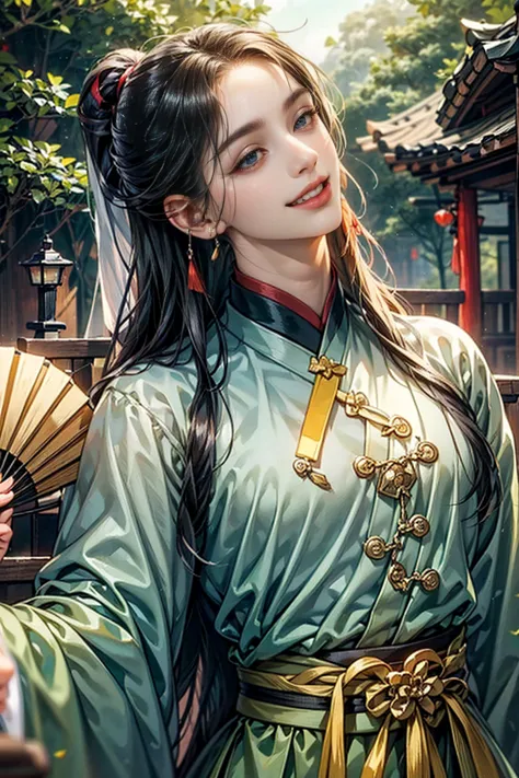 xianxia, (((best quality))),masterpiece,ultra high resolution,extraordinarily beautiful youth, a bright, villains smile,all gree...