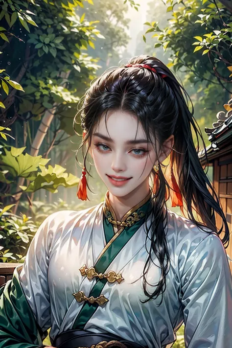 xianxia, (((best quality))),masterpiece,ultra high resolution,extraordinarily beautiful youth, a bright, villains smile,all gree...