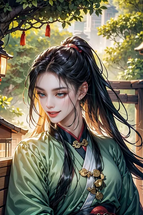 xianxia, (((best quality))),masterpiece,ultra high resolution,extraordinarily beautiful youth, a bright, villains smile,all gree...