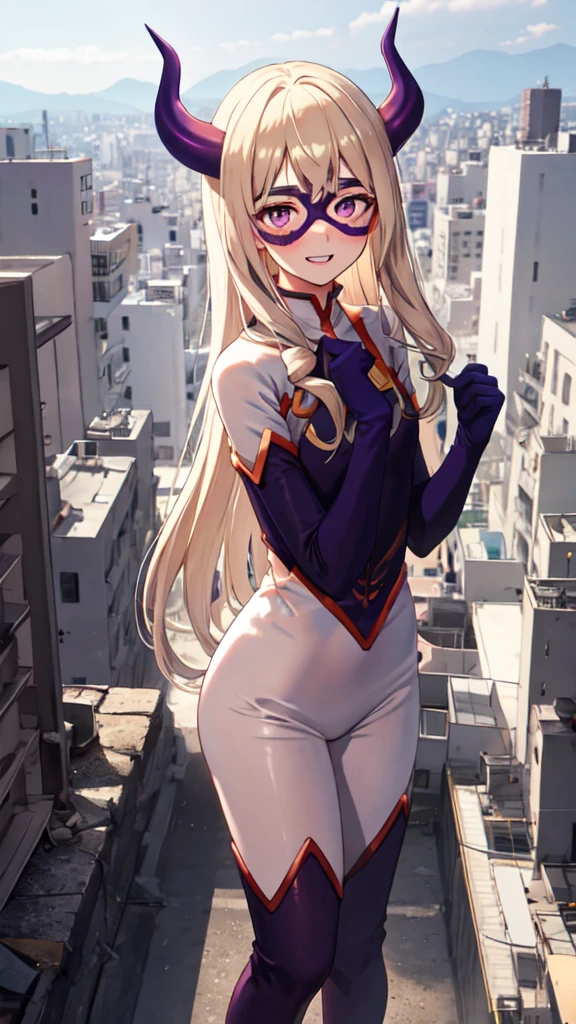 Lumen Reflection, Natural light, Exciting, 3 color matching, Cowboy Shot, elegant, Sensual:0.6, View your viewers, One girl, woman, alone, blush, Open your mouth, smile, teeth, SFW, Mount Lady [My Hero Academia], Light blonde hair, Side Lock, Purple eyes, White Eyes, Purple horns, Domino Mask, (Bodysuits:1), White sleeves, Purple long gloves, Purple Thigh Boots, (Giant), (Small city scenery)、Mount Lady