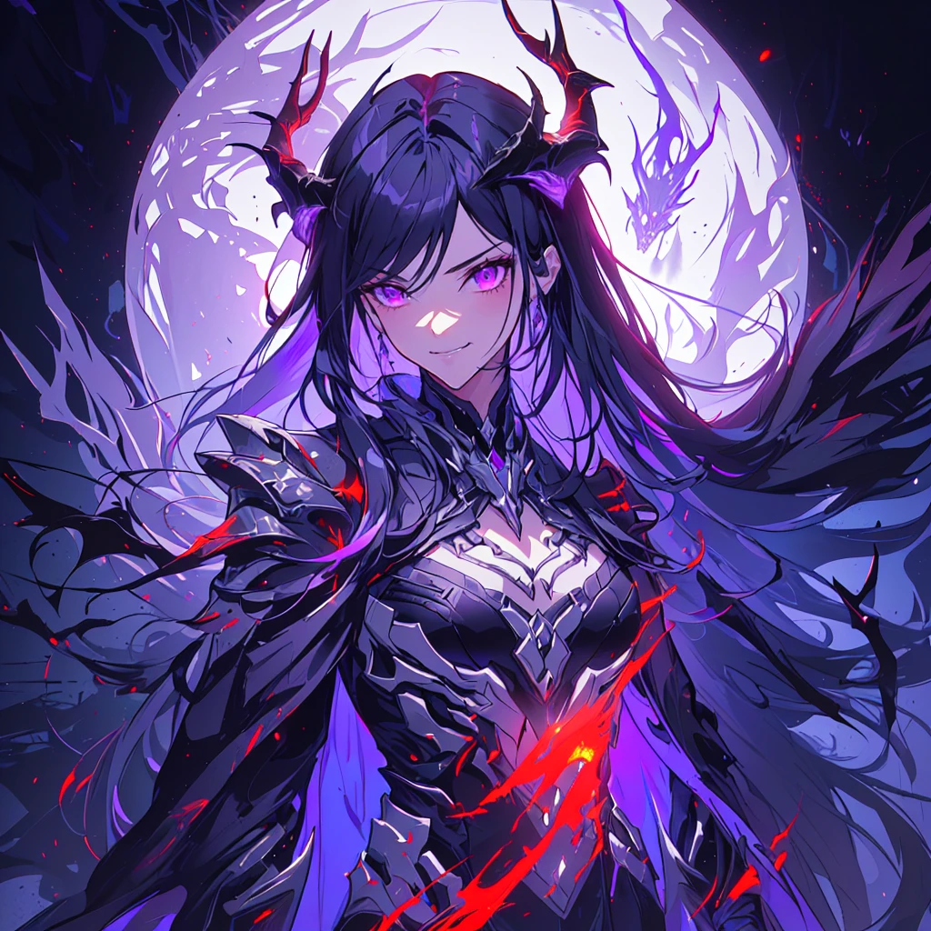 anime character with a purple and black wings and a purple and black dragon, purple ancient antler deity, warframe hound, fit girl demon with white horns, demon soul concept art, detailed warframe, lolth, female djinn demon hybrid, warframe infested art, nightmare render, warframe hound art, king of time reaper, illithid, (human, 1girl, solo, upper body shot, side shot, from the side:1.33), dynamic pose, expressive, (arrogance:1.5), snarl, (multi colour hair, black hair, red hair:1.12), head tilt, grin, crazy eyes, (covered chest, fully armored, flat chest, evil:1.2), long hair, torn cape, (black ice, floating hair, gloom:1.44)