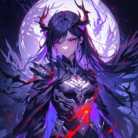 anime character with a purple and black wings and a purple and black dragon, purple ancient antler deity, warframe hound, fit gi...