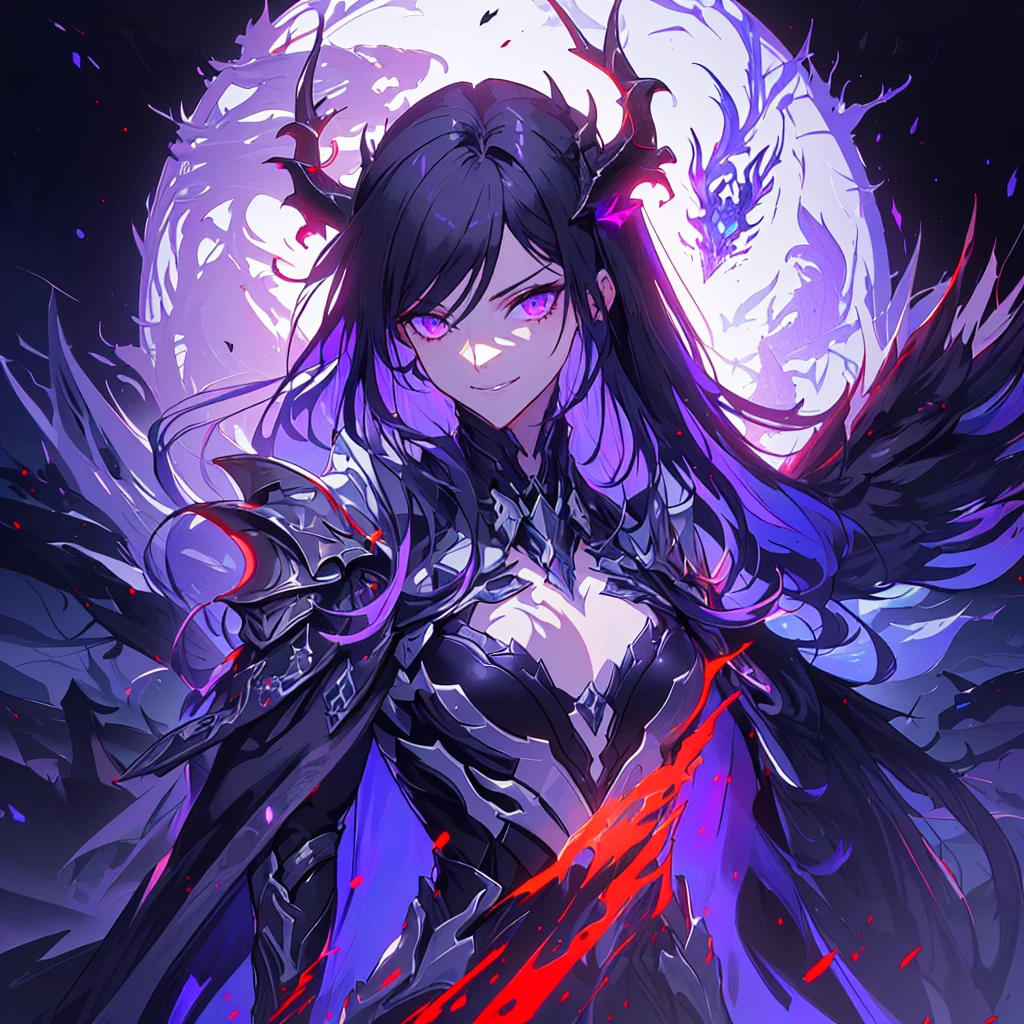 anime character with a purple and black wings and a purple and black dragon, purple ancient antler deity, warframe hound, fit girl demon with white horns, demon soul concept art, detailed warframe, lolth, female djinn demon hybrid, warframe infested art, nightmare render, warframe hound art, king of time reaper, illithid, (human, 1girl, solo, upper body shot, side shot, from the side:1.33), dynamic pose, expressive, (arrogance:1.5), snarl, (multi colour hair, black hair, red hair:1.12), head tilt, grin, crazy eyes, (covered chest, fully armored, flat chest, evil:1.2), long hair, torn cape, (black ice, floating hair, gloom:1.44)