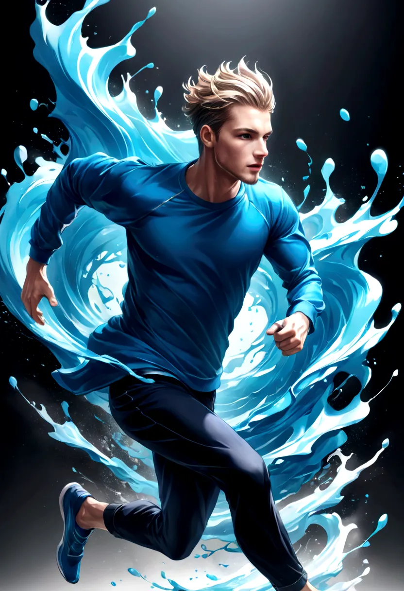 
      ( perfect anatomy )man in his twenties, Light blue wavy short hair,Sporty handsome boy running in blue sweatshirt, Rapidl...