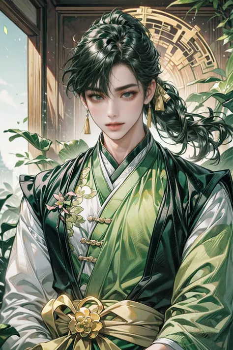 xianxia, (((best quality))),masterpiece,ultra high resolution,extraordinarily beautiful youth, a bright, villains smile,All gree...