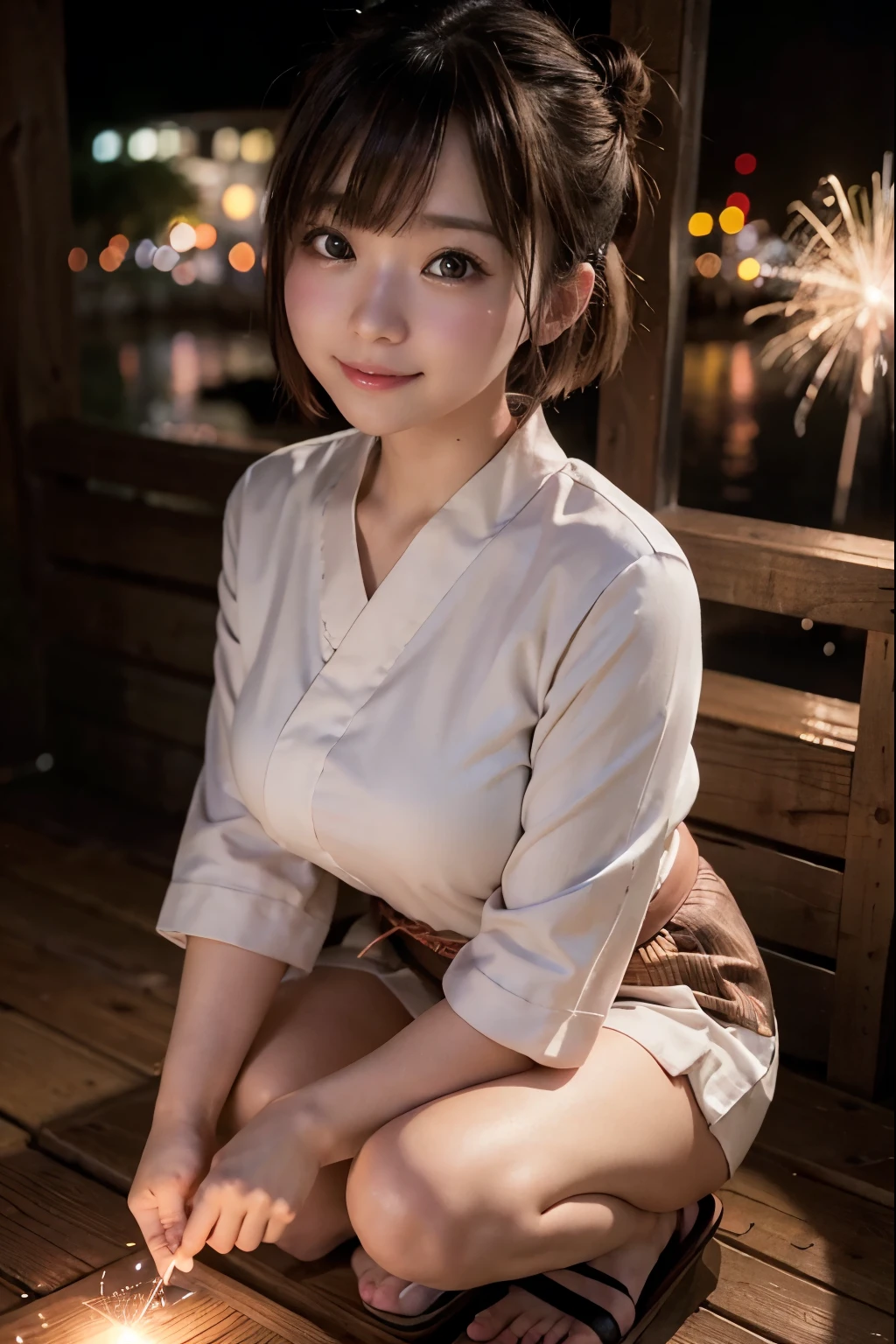 Perfectly Anatomically Correct:1.4, 5 Beautiful finger:1.4, 
1 Japanese Girl, Very Short Hair Bun:1.2, Wide-Set Eyes, Very White Skinned, Blush, Bashfully, 17-Year-Old, Open Mouse Slightly, 
Cute Eyes, Brown Hair, Amused Smile, 
((Japanese Sparklers Within Reached Arm:1.2)), 
(Point Fireworks at Viewer:1.2), 
Japanese Yukata:1.6, Squatting, (Slightly Panty Shot),
Looking Down Viewer:1.2, Dynamic Angle, 
Non-Nipple:1.0, Riverside Wooden Deck, SFW:1.0, 
 BREAK 
8K, RAW Photo, Best Quality, Masterpiece, Realistic, PhotoRealistic, Extremely Detailed 8K Wallpaper, Beautifully Detailed Eyes, Finely Detailed Face, POV Shot, 
 BREAK 
High-Key Lighting, Professional Lighting, Bokeh:1.0