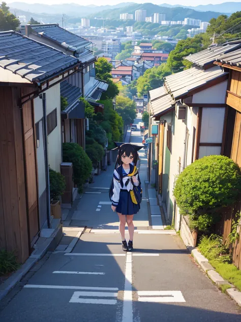 1girl, standing, head tilt, gentle smile, 15yo,
(downhill:1.3), (sloped road), wide single road in Japan, (sea in distance:1.4),...