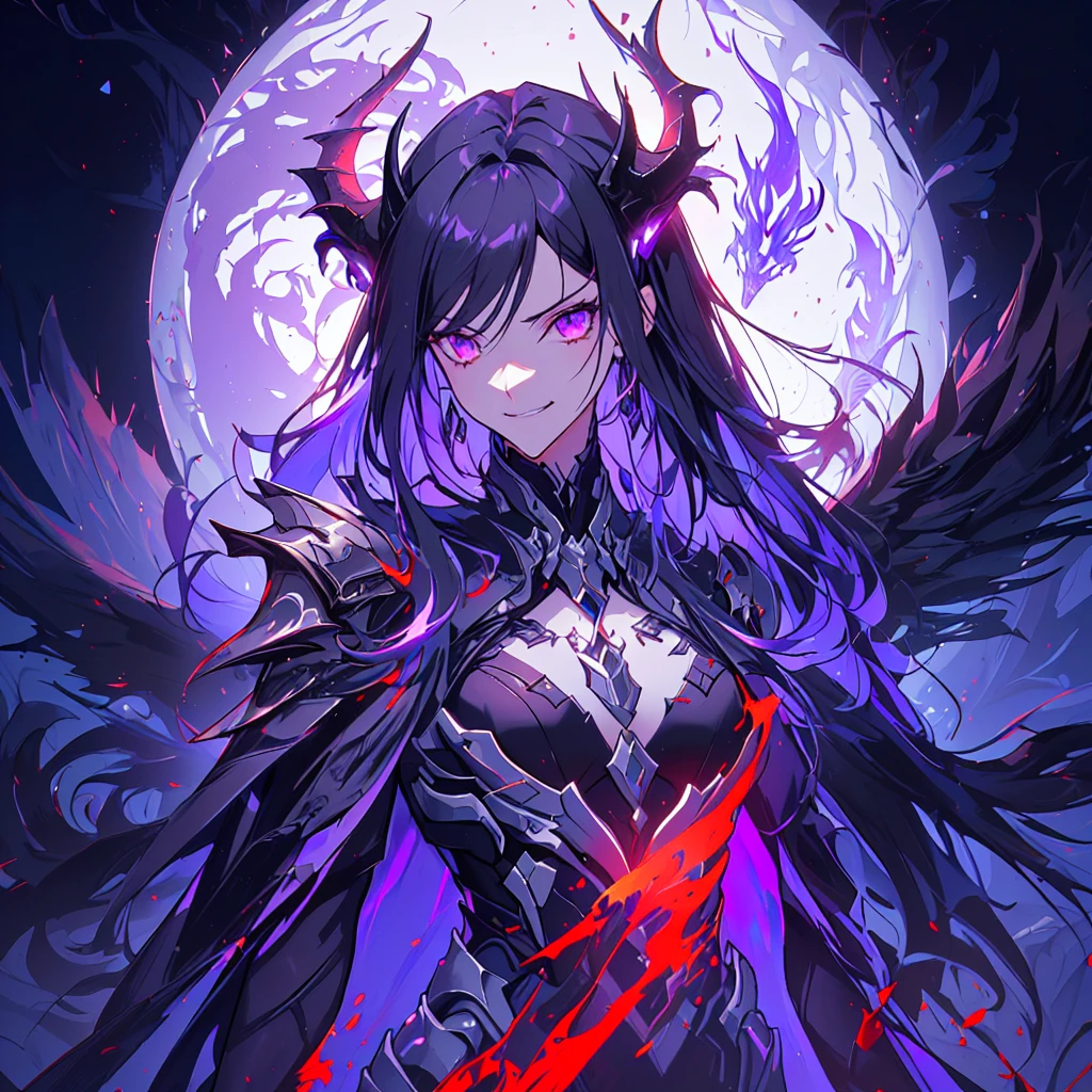 anime character with a purple and black wings and a purple and black dragon, purple ancient antler deity, warframe hound, fit girl demon with white horns, demon soul concept art, detailed warframe, lolth, female djinn demon hybrid, warframe infested art, nightmare render, warframe hound art, king of time reaper, illithid, (human, 1girl, solo, upper body shot, side shot, from the side:1.33), dynamic pose, expressive, (arrogance:1.5), snarl, (multi colour hair, black hair, red hair:1.12), head tilt, grin, crazy eyes, (covered chest, fully armored, flat chest, evil:1.2), long hair, torn cape, (black ice, floating hair, gloom:1.44)