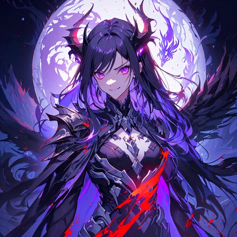 anime character with a purple and black wings and a purple and black dragon, purple ancient antler deity, warframe hound, fit gi...