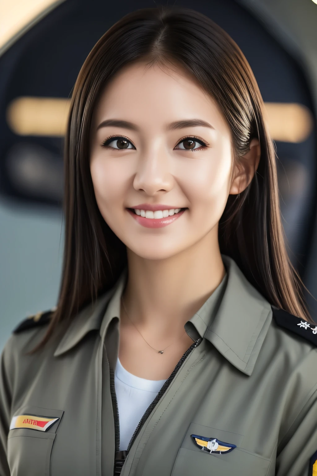 Female pilots in fighter jets、Wearing an Air Force uniform、, black hair, straight hair, parted lips, nervous smile, Surrealism, cinematic lighting, tachi-e, first-person view, Nikon, UHD, masterpiece, anatomically correct, textured skin, high quality, award winning, best quality, highres, 8k