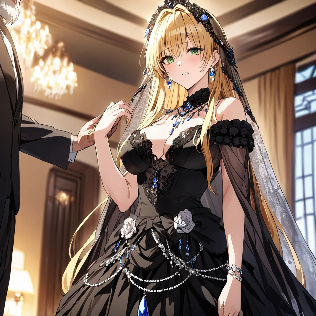 ((Highest quality)), ((masterpiece)), (detailed), （Perfect Face）、The woman is Tiare, has green eyes, medium-long blonde hair, and is wearing an engagement ring.、The woman is wearing a gorgeous and glittering Gothic Victorian dress, a gorgeous see-through cape and a sequin veil, a gorgeous jeweled head dress chain, gorgeous jeweled earrings, and other gorgeous and glittering accessories, and is in a luxurious room with a dignified, bearded, elderly man.、The man is a dignified, bearded old man, very wealthy and wearing an engagement ring.