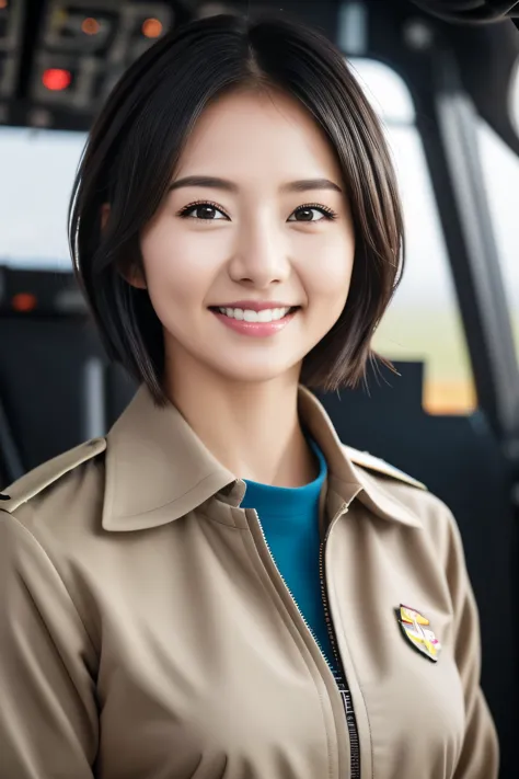 female pilots in fighter jets、wearing an air force uniform、, black hair, straight hair, parted lips, nervous smile, surrealism, ...