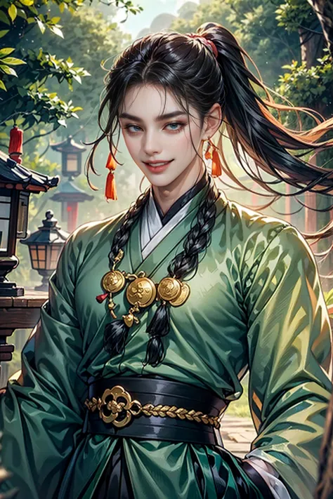 xianxia, (((best quality))),masterpiece,ultra high resolution,extraordinarily beautiful youth, a bright, villains smile,all gree...