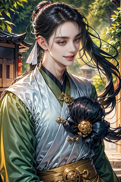 xianxia, (((best quality))),masterpiece,ultra high resolution,extraordinarily beautiful youth, a bright, villains smile,all gree...