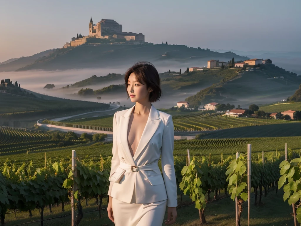 8k best picture quality, Beautiful 3 Korean woman, short and nice weather. Chest size 34 inches, Dense fog at dawn in the Italian countryside, past the vineyard, The cathedral is visible in the fog in the distance., The back background is realistic and vivid image quality, Short and medium hair blowing in the wind, Wearing high-end luxury brand travel clothes., a faint smile. the background is clear, Short and slim Korean woman, stand far away, Photo taken with a wide-angle lens, In the dark of dawn