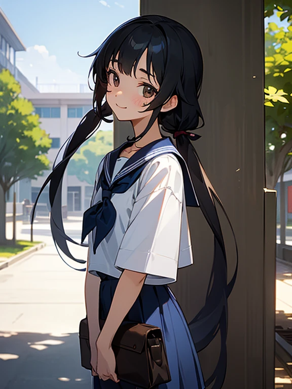 1girl, standing, gentle smile, 15yo, head tilt,
school building on the back,
(low twintails), low pigtails, black hair, very long hair,
serafuku with blue ribbon, navy-blue collar,
(dark brown eye), 1 student bag on right shoulder,
4-story white school building, outdoor, tree on side,
afternoon, summer,
from front,
anime, high brightness, detailed face, detailed eyes,
high quality, ultra detailed, masterpiece, FHD