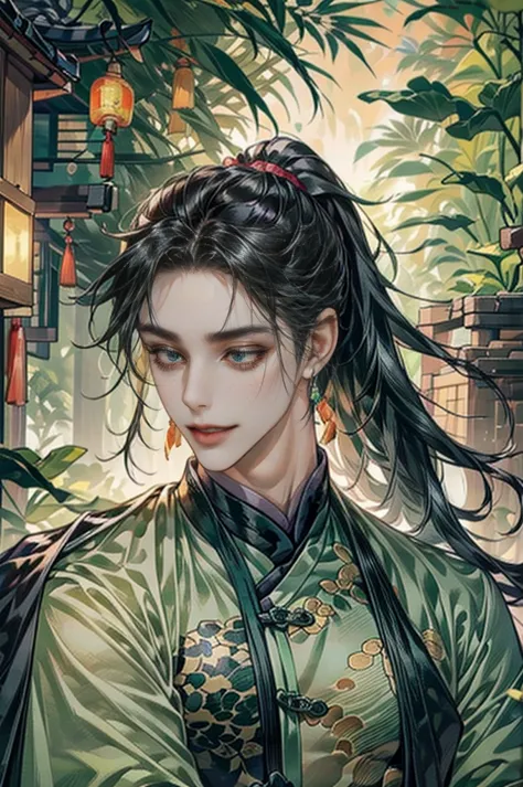 xianxia, (((best quality))),masterpiece,ultra high resolution,extraordinarily beautiful youth, a bright, villains smile,all gree...