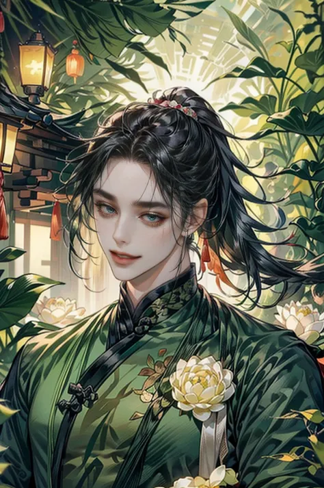 xianxia, (((best quality))),masterpiece,ultra high resolution,extraordinarily beautiful youth, a bright, villains smile,all gree...