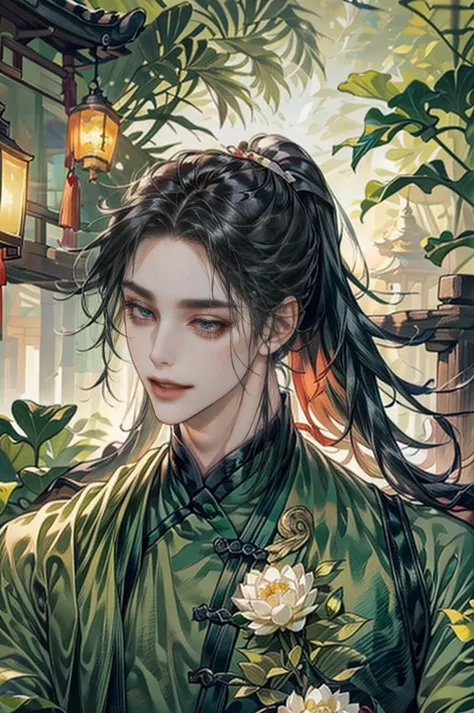 xianxia, (((best quality))),masterpiece,ultra high resolution,extraordinarily beautiful youth, a bright, villains smile,all gree...