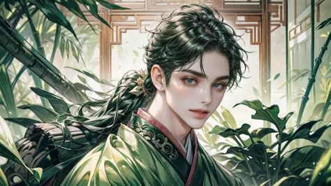 xianxia, (((best quality))),masterpiece,ultra high resolution,extraordinarily beautiful youth, a bright, villains smile,All gree...