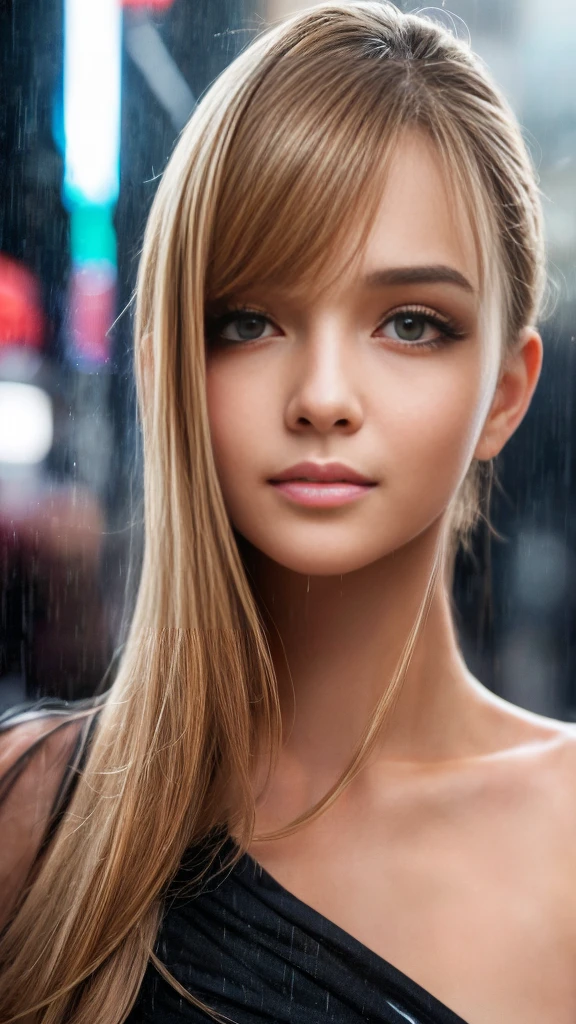 In the pouring rain、Smiling girl standing in the middle of a crowded street, Detailed face, Beautiful eyes and lips, Very detailed瞳孔, Realistic Skin, ((Wet Hair, Wet clothes)), Thin clothing that sticks to the skin, raindrop, City Buildings, Atmospheric lighting, Cinematic, 8K, Very detailed, Realistic, Vibrant colors, Shibuya Crossing, Full body description, heavy rain, (Detailed eyes and face:1.3, Professional photography techniques), (Perfect Anatomy)