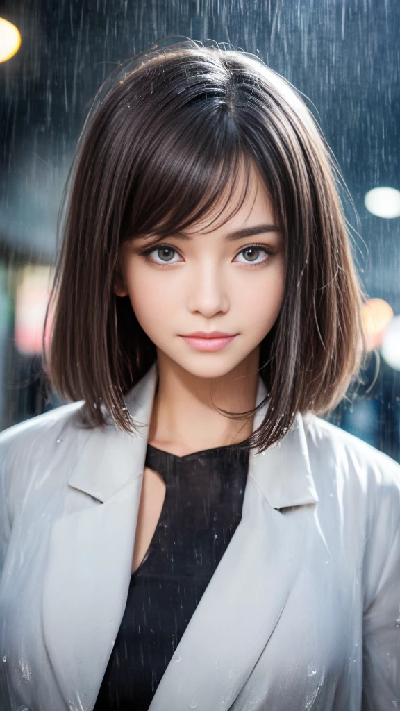 In the pouring rain、Smiling girl standing in the middle of a crowded street, Detailed face, Beautiful eyes and lips, Very detailed瞳孔, Realistic Skin, ((Wet Hair, Wet clothes)), Thin clothing that sticks to the skin, raindrop, City Buildings, Atmospheric lighting, Cinematic, 8K, Very detailed, Realistic, Vibrant colors, Shibuya Crossing, Full body description, heavy rain, (Detailed eyes and face:1.3, Professional photography techniques), (Perfect Anatomy)