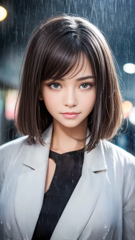 In the pouring rain、Smiling girl standing in the middle of a crowded street, Detailed face, Beautiful eyes and lips, Very detail...