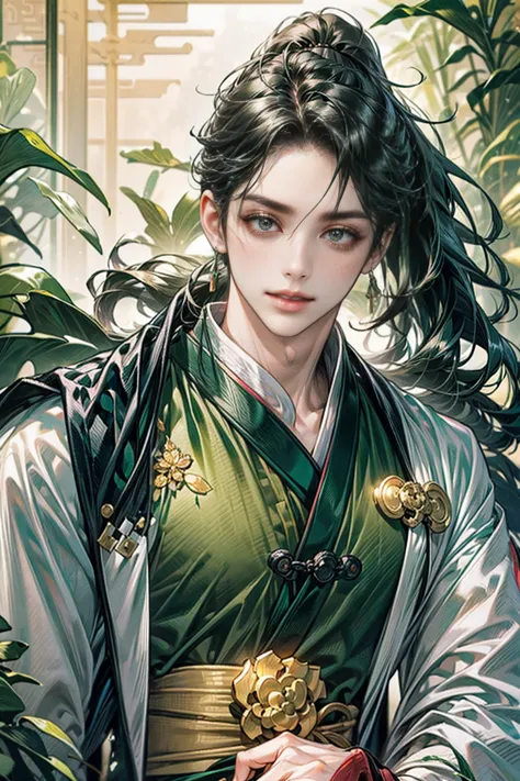 xianxia, (((best quality))),masterpiece,ultra high resolution,extraordinarily beautiful youth, a bright, villains smile,all gree...