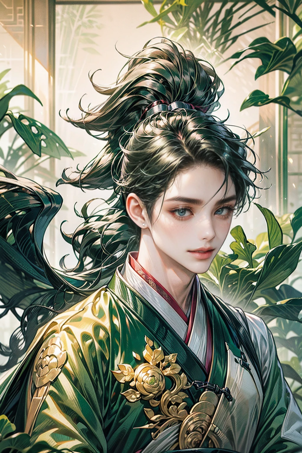 xianxia, (((best quality))),masterpiece,ultra high resolution,extraordinarily beautiful youth, a bright, villains smile,All green clothing,((boy 2, green hanfu,green clothing, Chinese shirt style)) ,boy character ,((Thick black long hair)),beautiful face,detailed interior, detailed boy,((man)),(in bamboo forest), house China style, pure white lotus,beautiful and cute boy ,black eyes,((solo man)),(he has a Big eyes, charming lips, slim nose and small face),(slim figures ),ponytail and 冠, Hiogi fan,Japanese fan ,very long hair, thick hair, black hair ,eyes detailed,pony tails,solo man