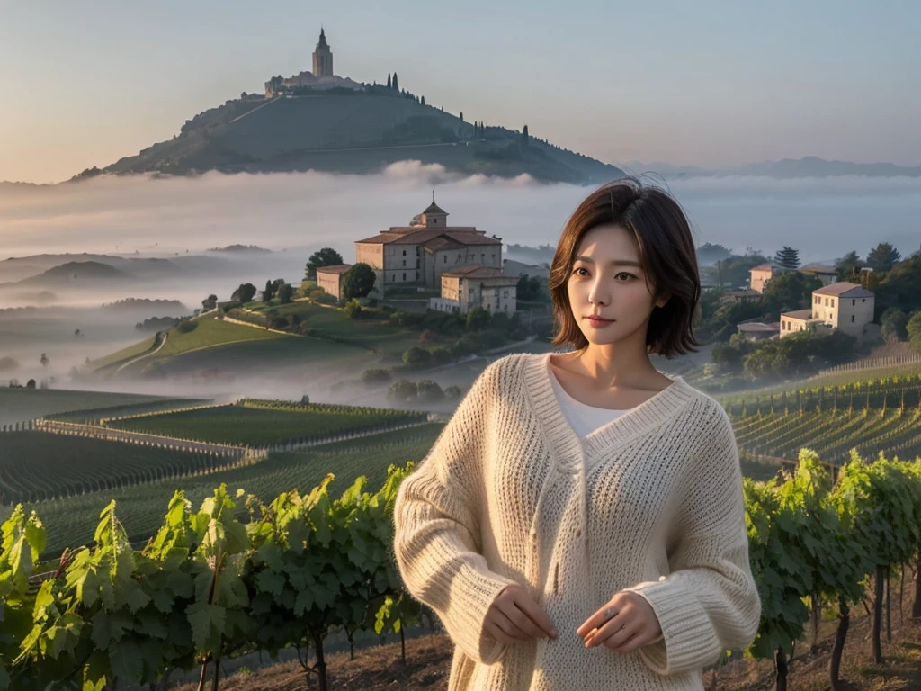 Meilleure qualité d&#39;image 8k, Belle femme coréenne de 36 ans, temps court et beau. Tour de poitrine 34 pouces, Brouillard dense à l&#39;aube dans la campagne italienne, devant le vignoble, La cathédrale est visible dans le brouillard au loin., L&#39;arrière-plan est une qualité d&#39;image réaliste et vive, Cheveux courts et moyens au vent, Porter des tricots de marques de luxe haut de gamme., Un léger sourire. le fond est clair, Femme coréenne courte et mince, Tenez-vous loin, Photo prise avec un objectif grand angle, épais brouillard à l&#39;aube