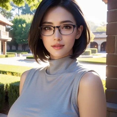 a beautiful young woman in a casual outfit, short hair, eye glasses, detailed face, alluring eyes, full lips, large bust, turtle...