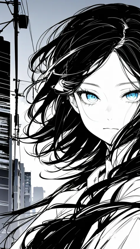 monochrome color, Blue Art, grayscales、​masterpiece、top-quality、Top image quality、straight haired、Hanging eyes、kawaii、A darK-hai...