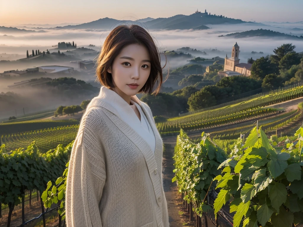 8k best picture quality, Beautiful 3 Korean woman, short and nice weather. Chest size 34 inches, Dense fog at dawn in the Italian countryside, past the vineyard, The cathedral is visible in the fog in the distance., The back background is realistic and vivid image quality, Short and medium hair blowing in the wind, Wearing high-end luxury brand knits., a faint smile. the background is clear, Short and slim Korean woman, stand far away, Photo taken with a wide-angle lens, thick fog at dawn